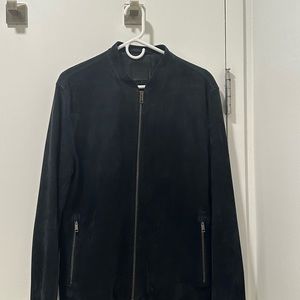 Theory Suede Jacket L Dark Navy Worn 5x